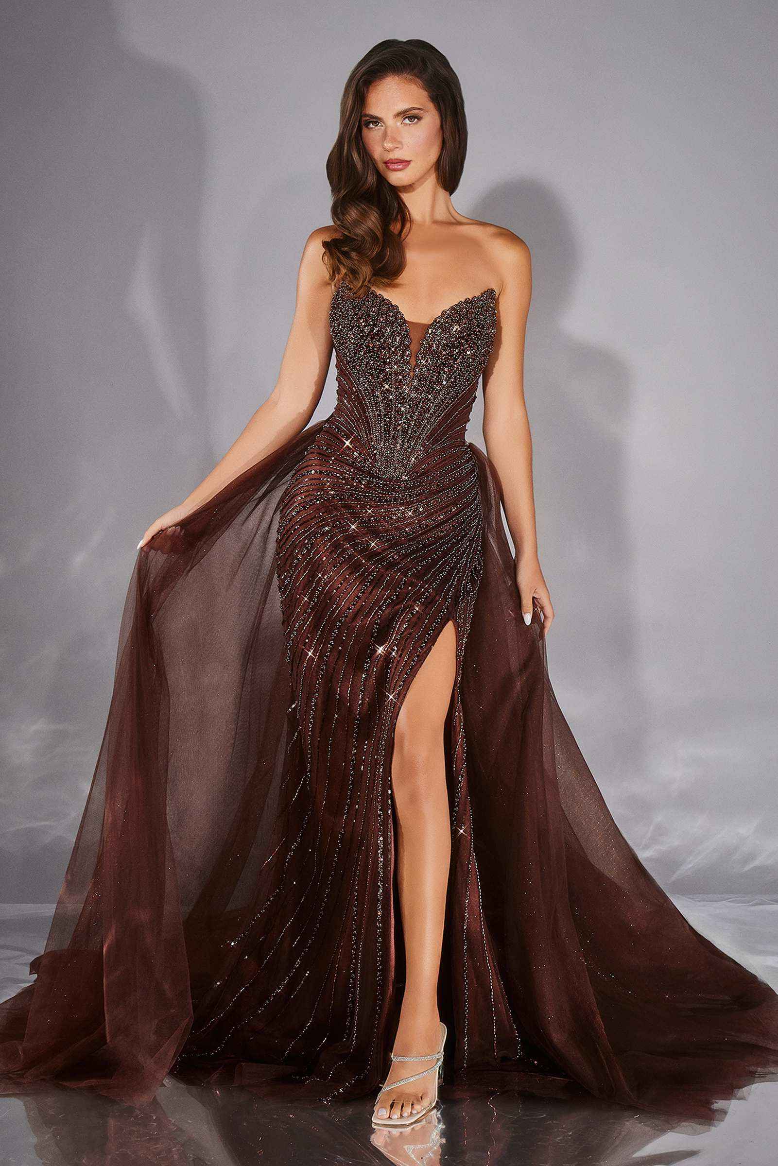 Ladivine CC492 Captivating Beaded Detachable Tulle Overskirt Fitted Gown