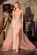 CLEARANCE - Ladivine CC492 Beaded Detachable Tulle Overskirt Fitted Mocha Gold Gown (Size 12)