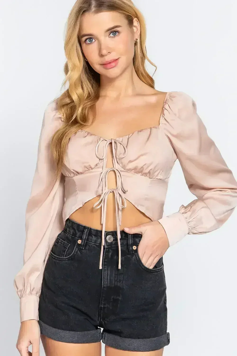 Long Sleeve Sweetheart Neck Front Ribbon Tie Woven Top | Femstylo