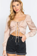 Long Sleeve Sweetheart Neck Front Ribbon Tie Woven Top | Femstylo