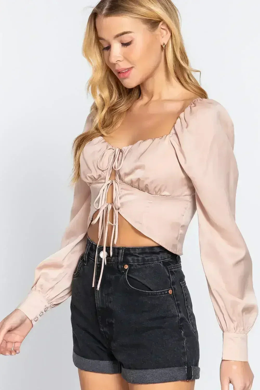 Long Sleeve Sweetheart Neck Front Ribbon Tie Woven Top | Femstylo