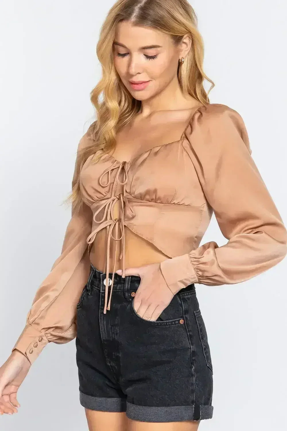 Champagne Ribbon Tie Top - Sweetheart Neck | Femstylo