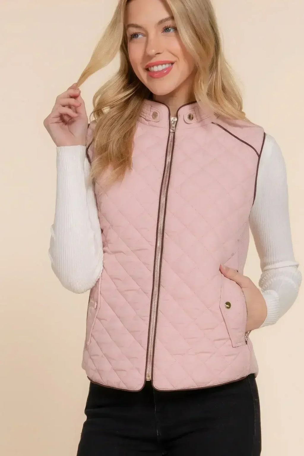 Quilted Suede Piping Vest - Pale Taupe | Femstylo