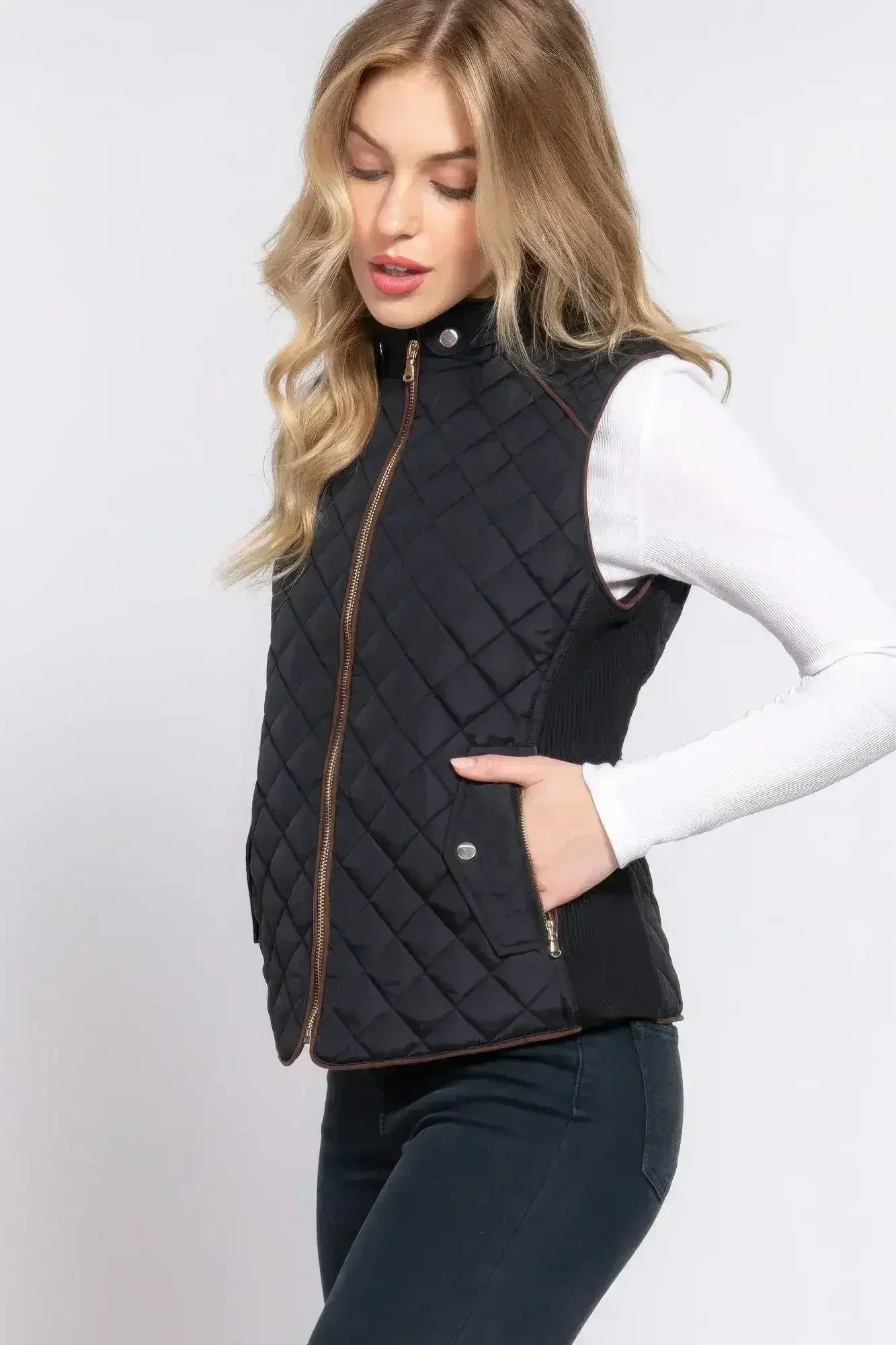 Quilted Suede Piping Vest - Pale Taupe | Femstylo