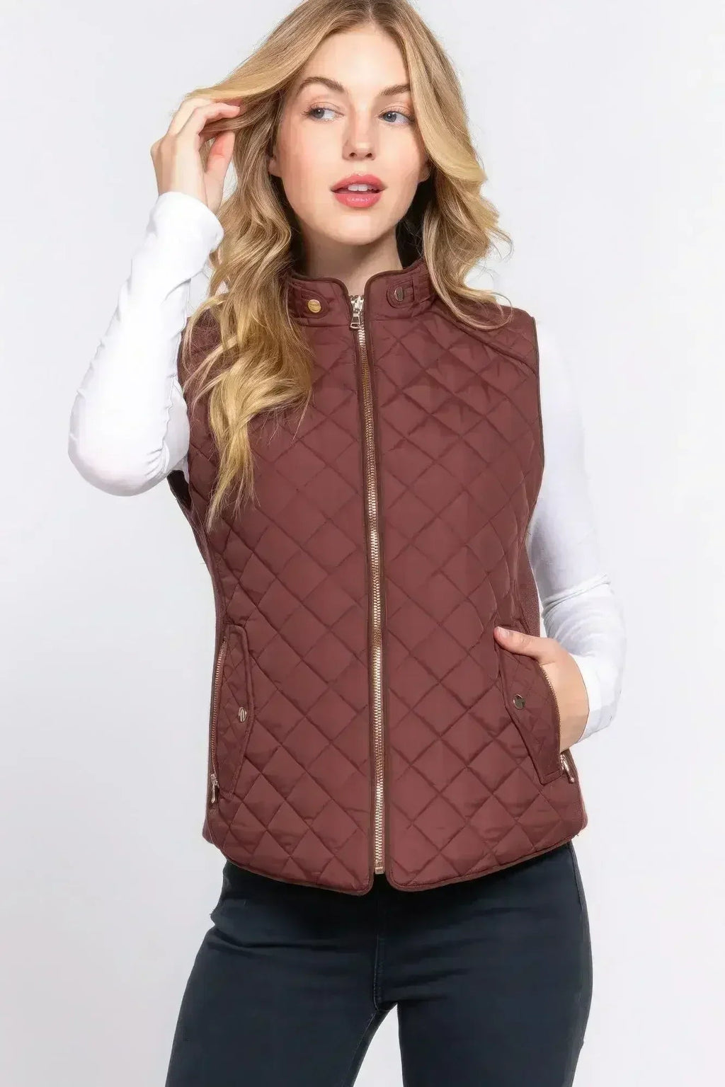 Quilted Suede Piping Vest - Pale Taupe | Femstylo