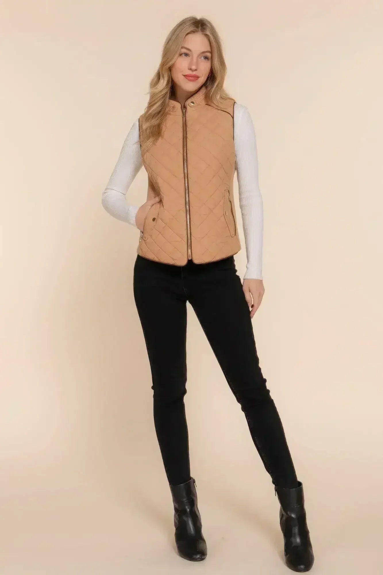 Quilted Suede Piping Vest - Pale Taupe | Femstylo