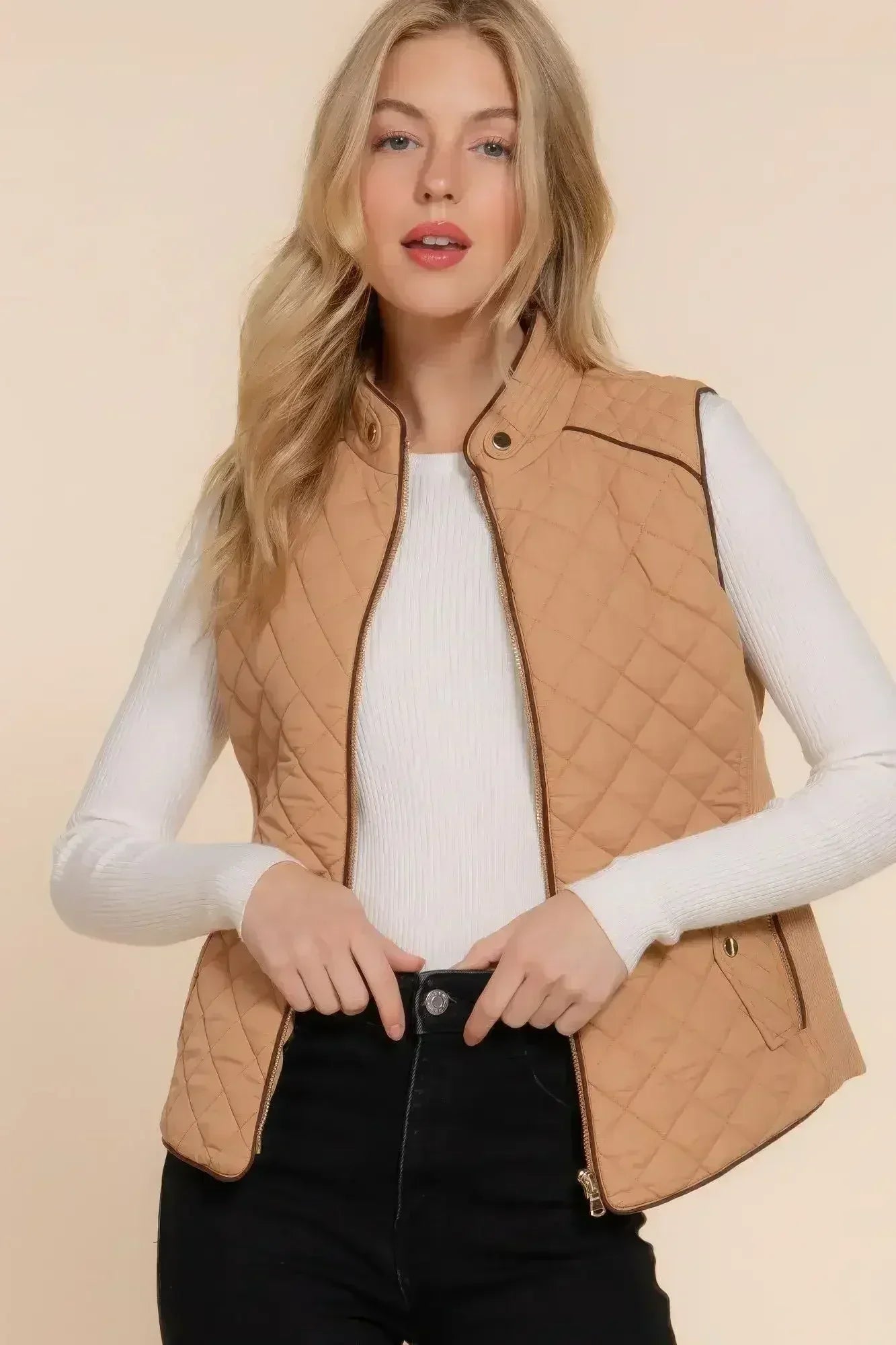 Quilted Suede Piping Vest - Pale Taupe | Femstylo