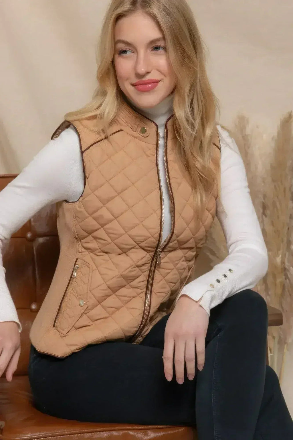 Quilted Suede Piping Vest - Pale Taupe | Femstylo