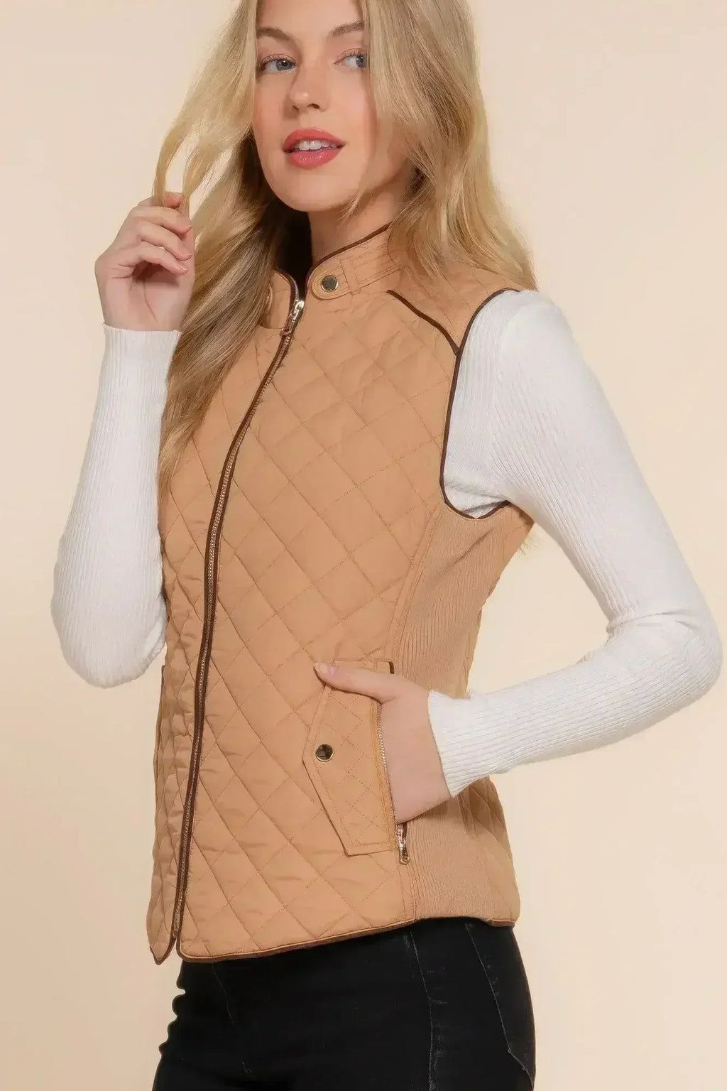 Quilted Suede Piping Vest - Pale Taupe | Femstylo