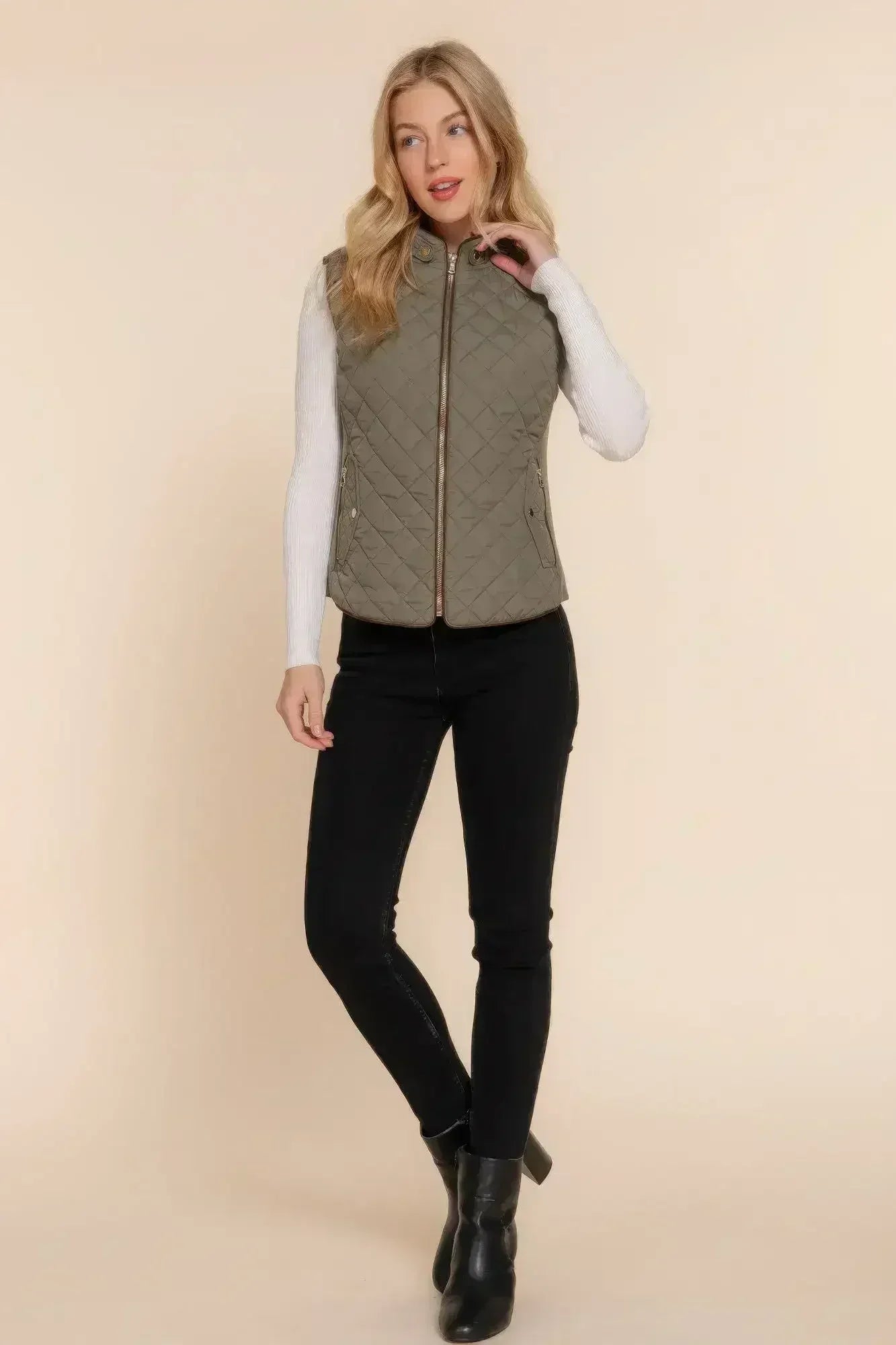 Quilted Suede Piping Vest - Pale Taupe | Femstylo