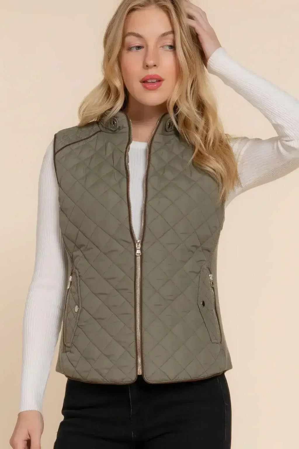 Quilted Suede Piping Vest - Pale Taupe | Femstylo