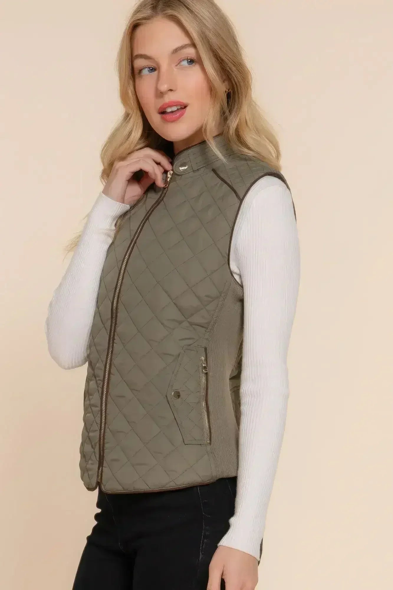 Quilted Suede Piping Vest - Pale Taupe | Femstylo