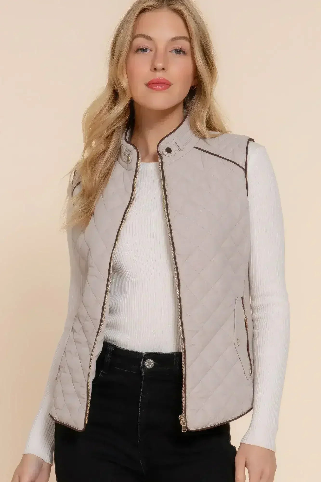 Quilted Suede Piping Vest - Pale Taupe | Femstylo