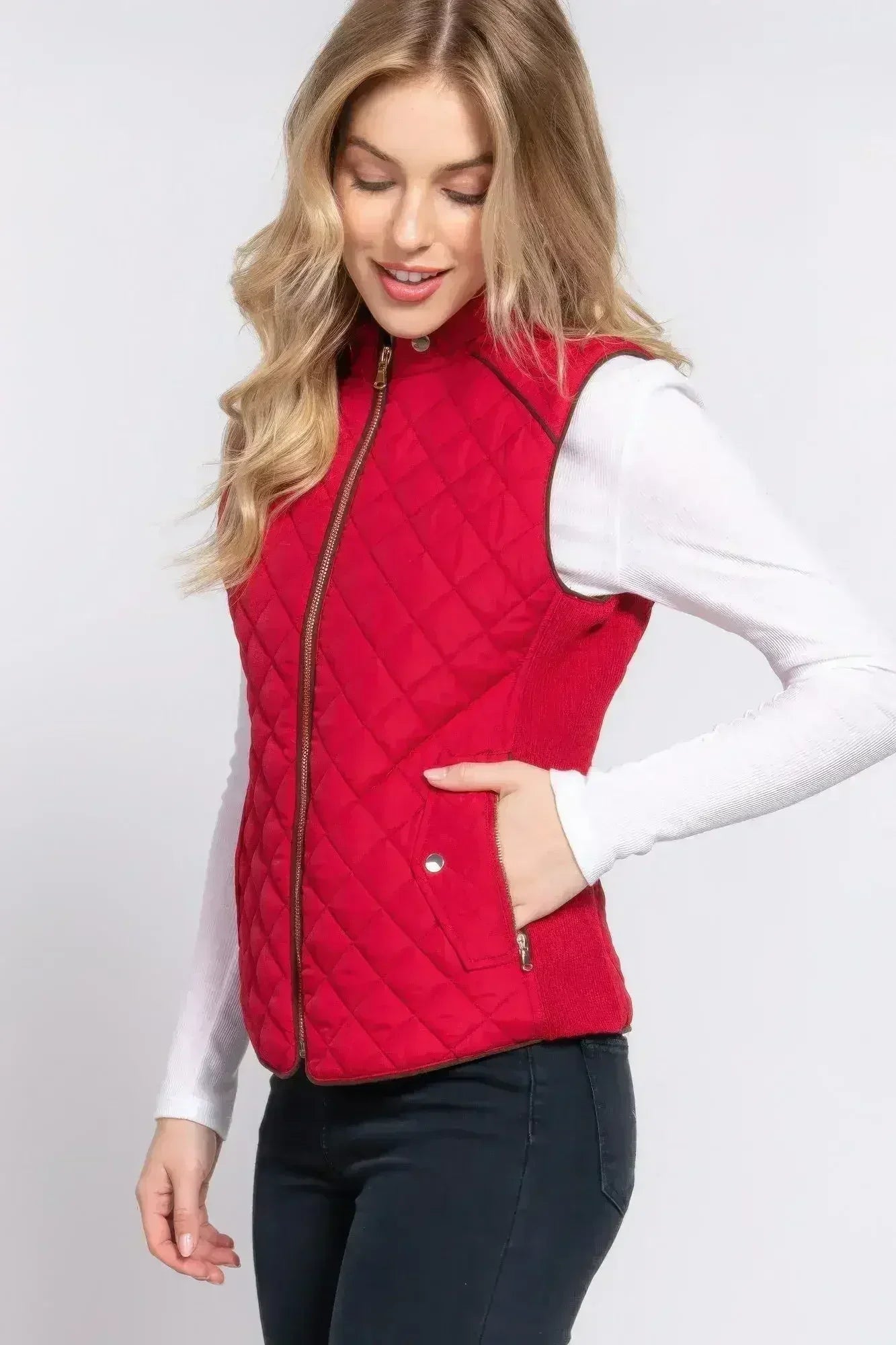 Quilted Suede Piping Vest - Pale Taupe | Femstylo