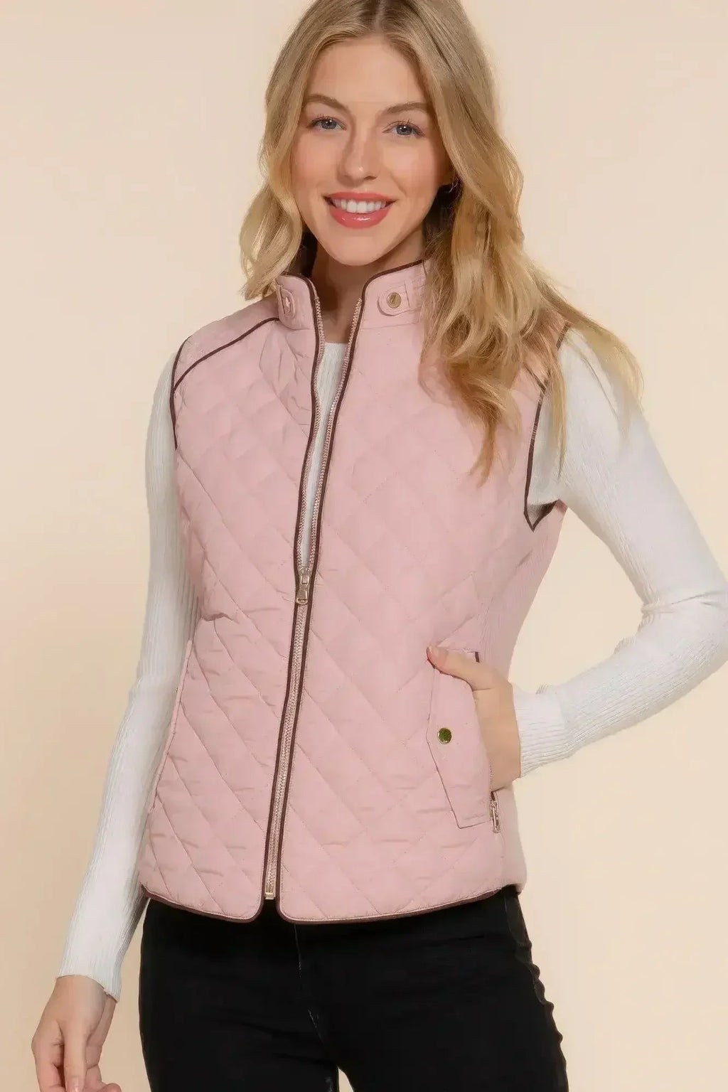 Quilted Suede Piping Vest - Pale Taupe | Femstylo