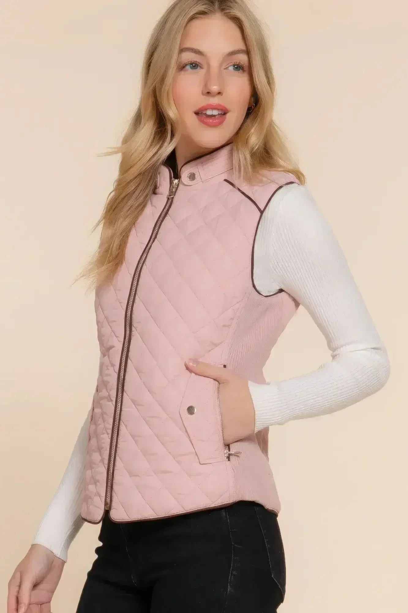 Quilted Suede Piping Vest - Pale Taupe | Femstylo