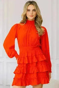 Red Ruffle Mini Dress – Smocked Neck & Tiered Detail