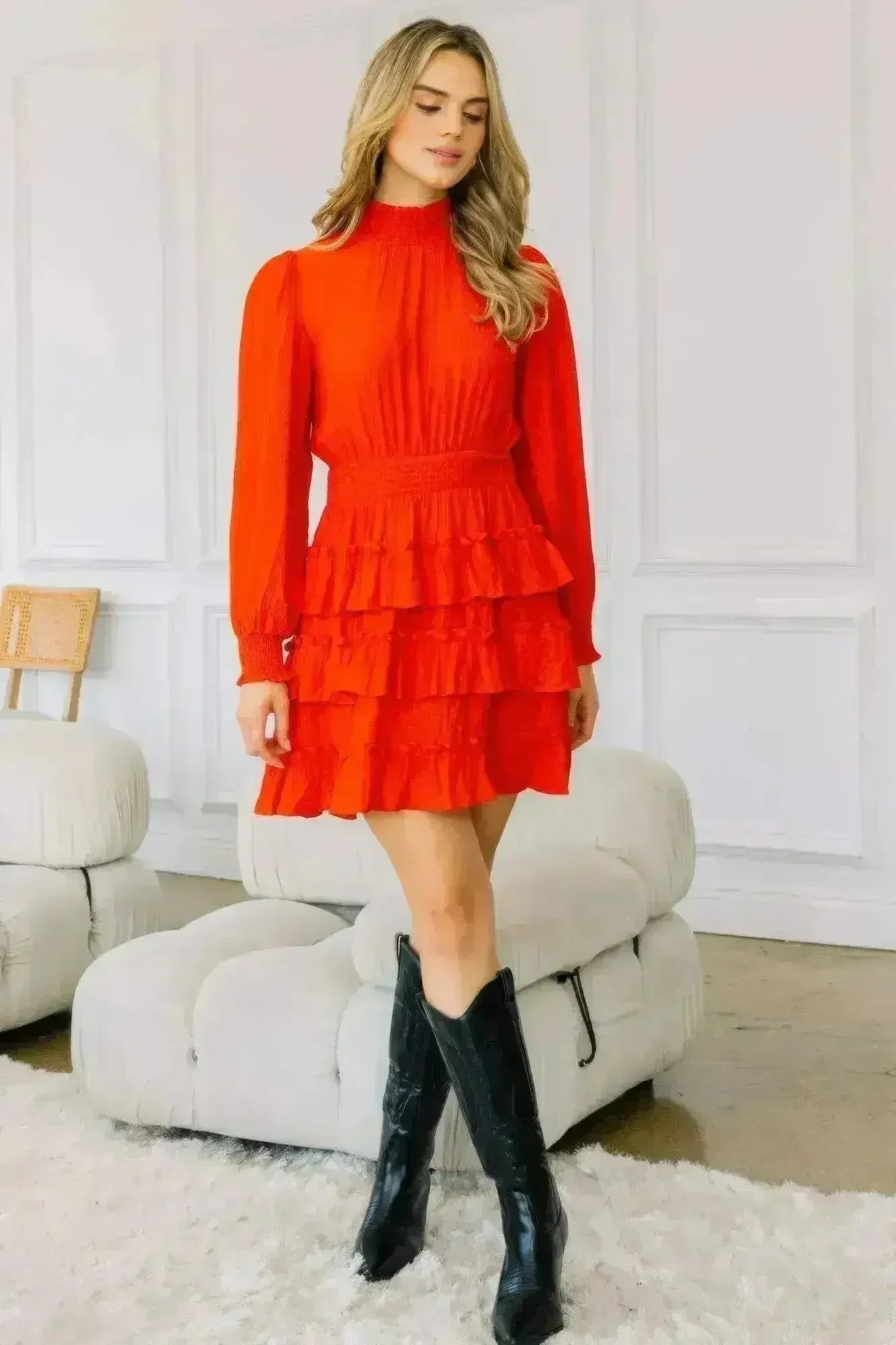 Red Ruffle Mini Dress – Smocked Neck & Tiered Detail