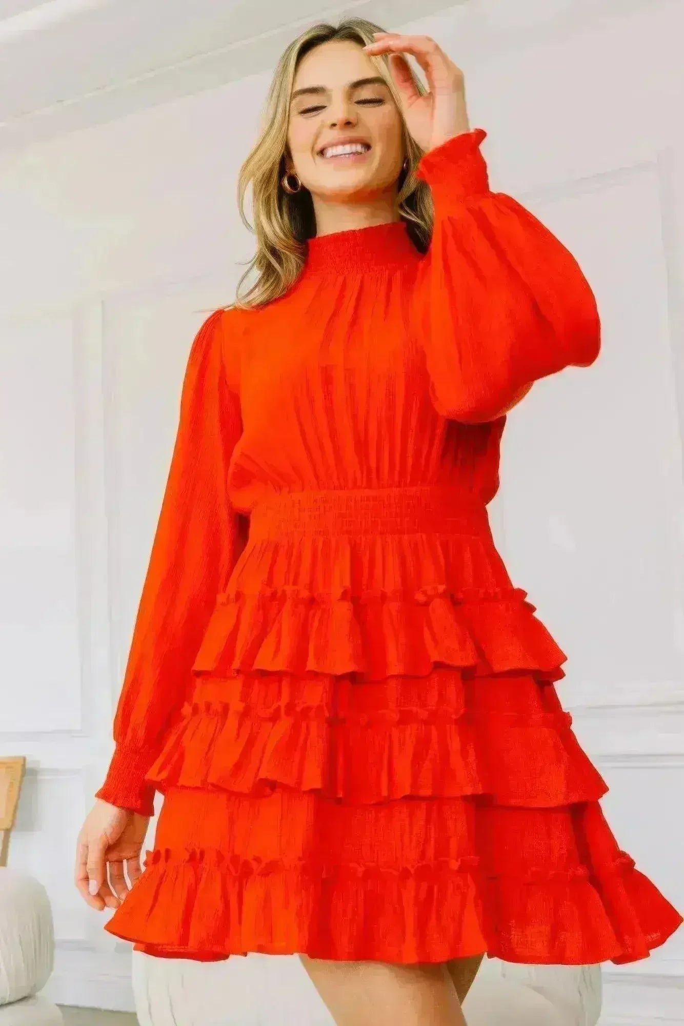Red Ruffle Mini Dress – Smocked Neck & Tiered Detail