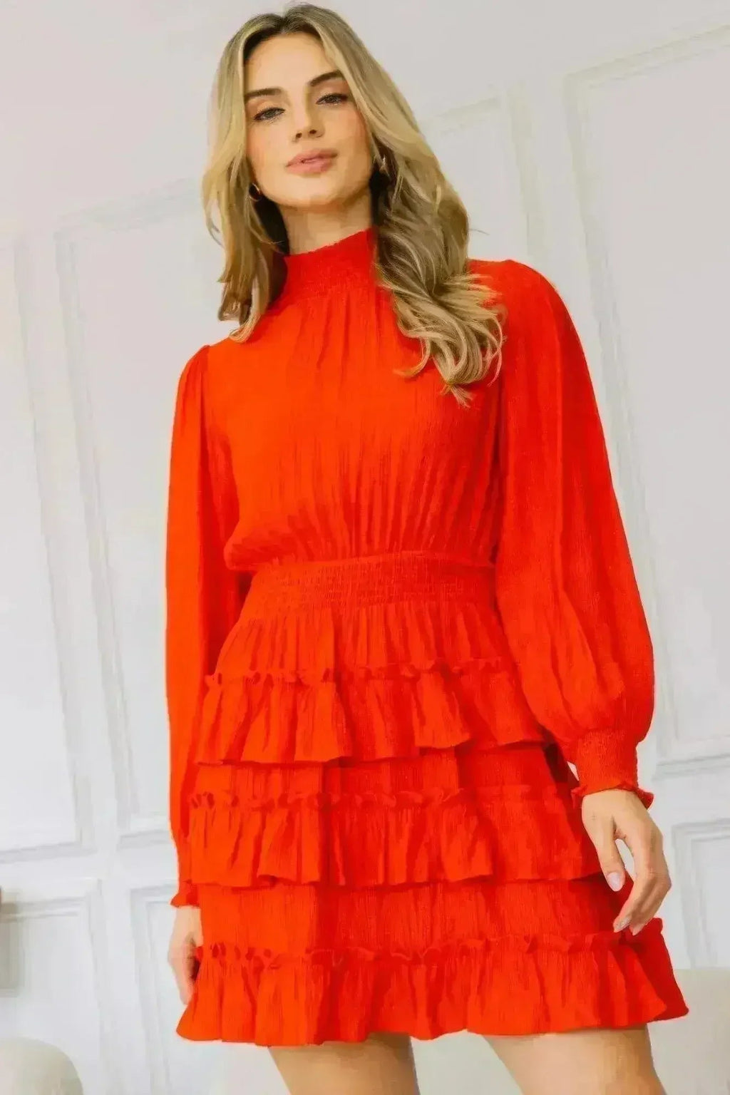 Red Ruffle Mini Dress – Smocked Neck & Tiered Detail