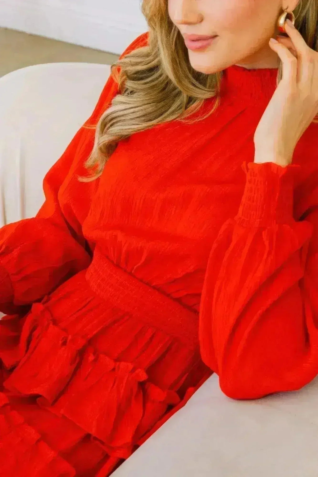 Red Ruffle Mini Dress – Smocked Neck & Tiered Detail