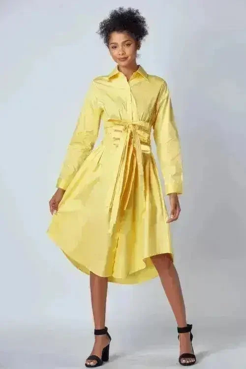 Yellow Shirt Dress with Tie-Up Belt – Versatile & Chic