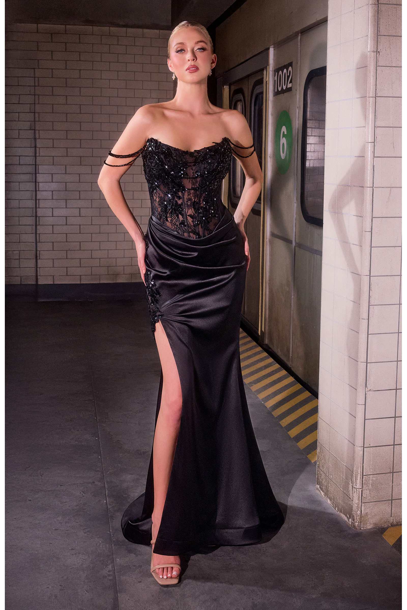 Ladivine CC8273 Sultry Strapless Satin Skirt Fitted Evening Gown