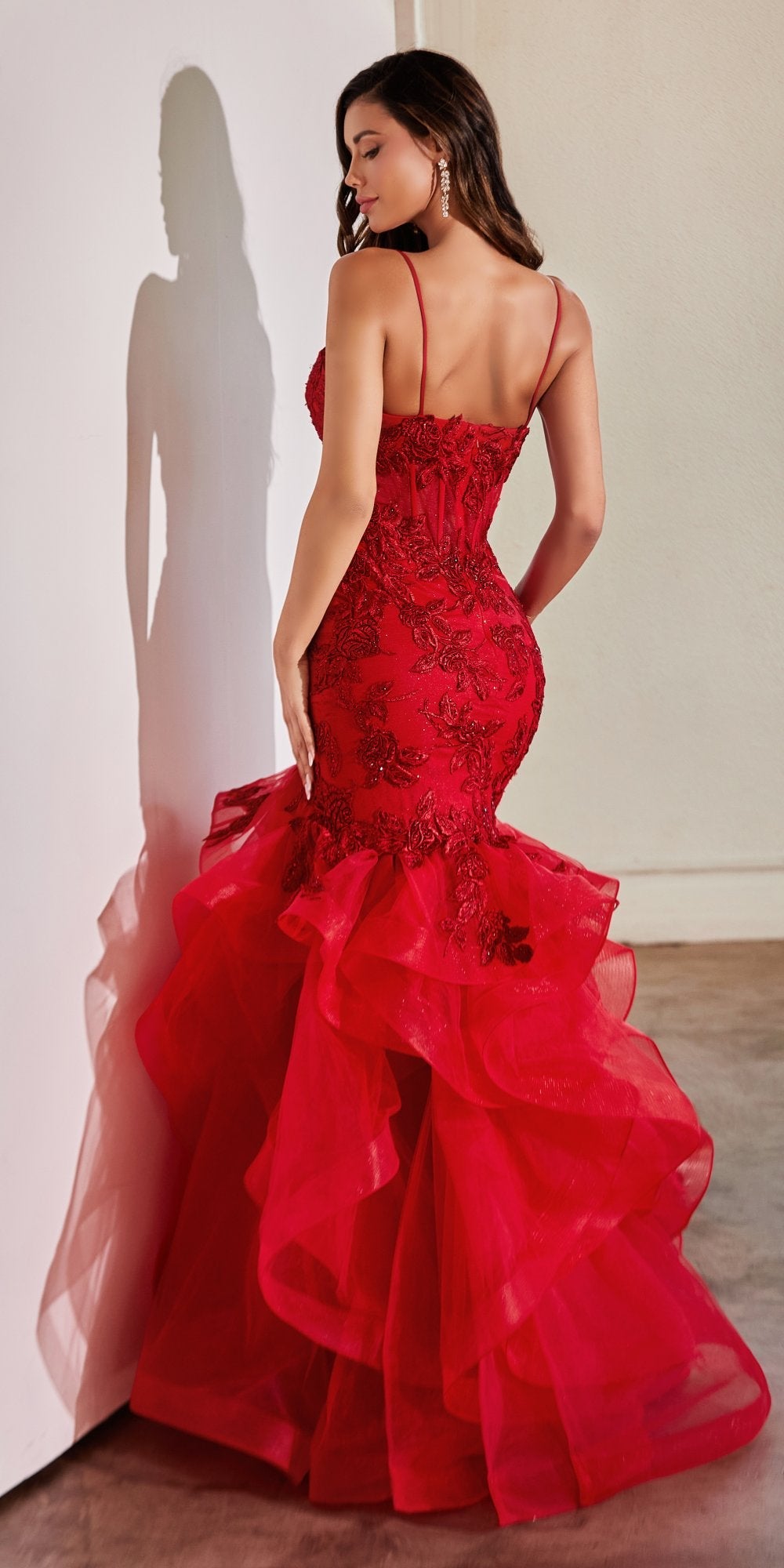 Ladivine CC8915 Long Rose Lace Applique Tiered Skirt Mermaid Dress