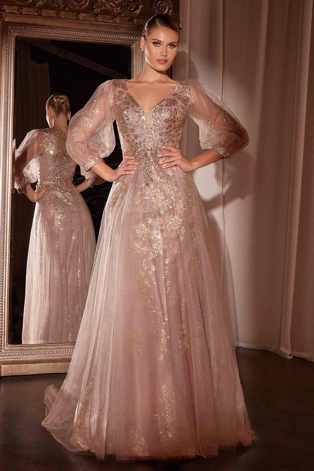 Ladivine CD0102 Dress Long Sleeve Layered Tulle A-Line Gown