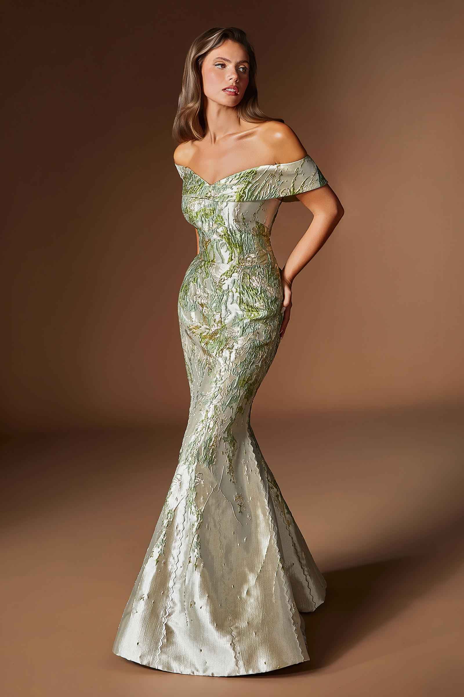 Ladivine CD0107 Metallic Jacquard Off Shoulder Fitted Mermaid Gown