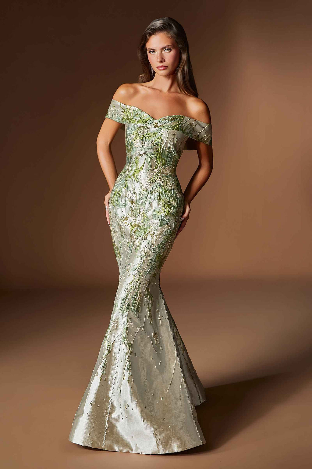 Ladivine CD0107 Metallic Jacquard Off Shoulder Fitted Mermaid Gown
