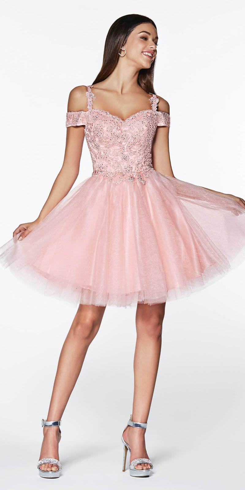 Cinderella Divine CD0132 Short A-Line Dress Off The Shoulder Glitter Tulle Skirt