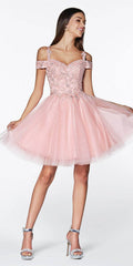 Cinderella Divine CD0132 Short A-Line Dress Off The Shoulder Glitter Tulle Skirt