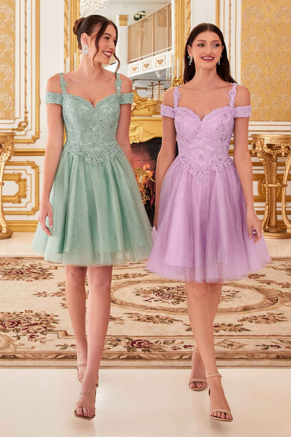 Cinderella Divine CD0132 Short A-Line Dress Off The Shoulder Glitter Tulle Skirt
