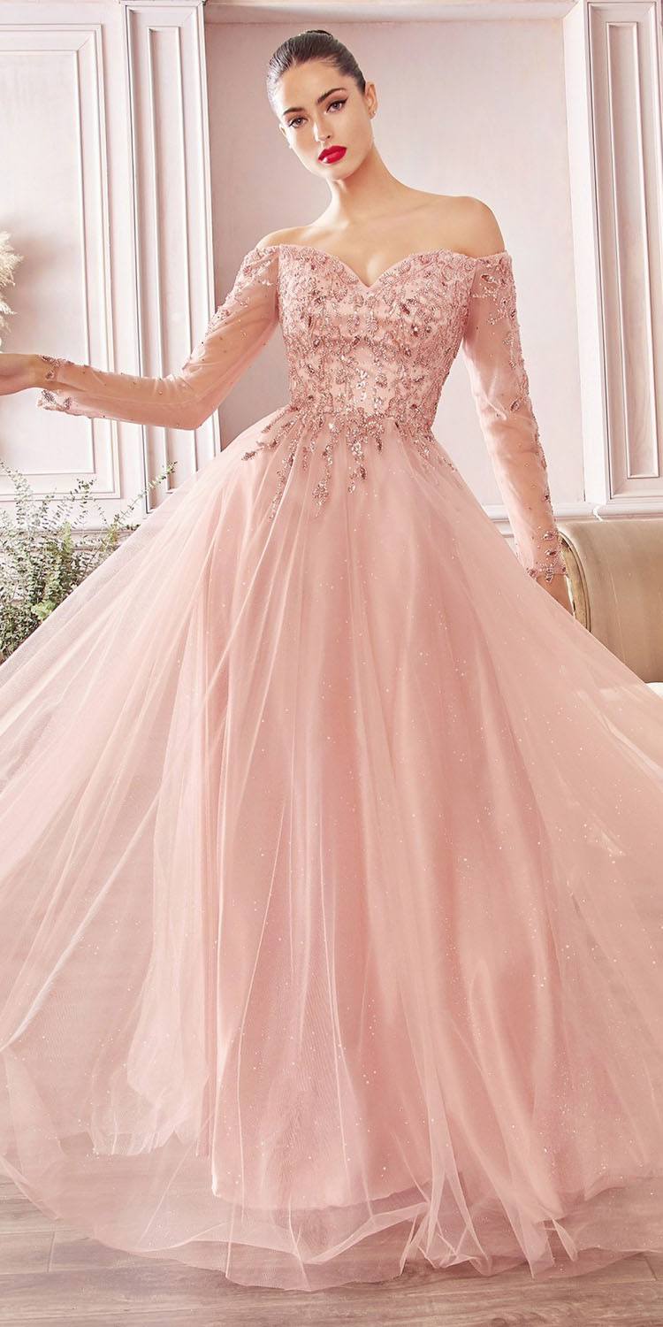 Cinderella Divine CD0172 A-Line Layered Tulle Gown Off The Shoulder Long Sleeve