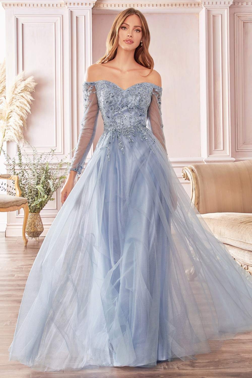 Cinderella Divine CD0172 A-Line Layered Tulle Gown Off The Shoulder Long Sleeve