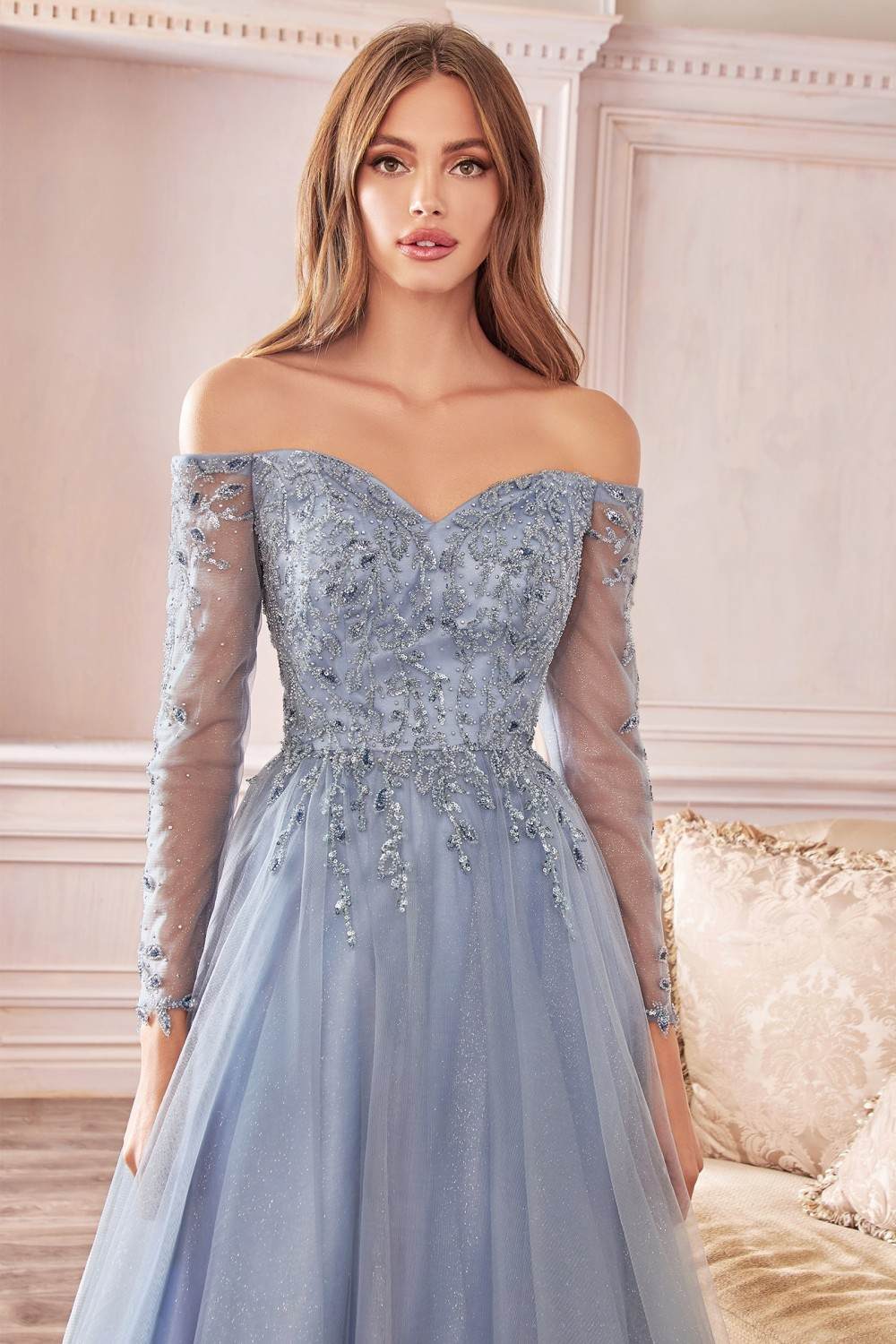 Cinderella Divine CD0172 A-Line Layered Tulle Gown Off The Shoulder Long Sleeve