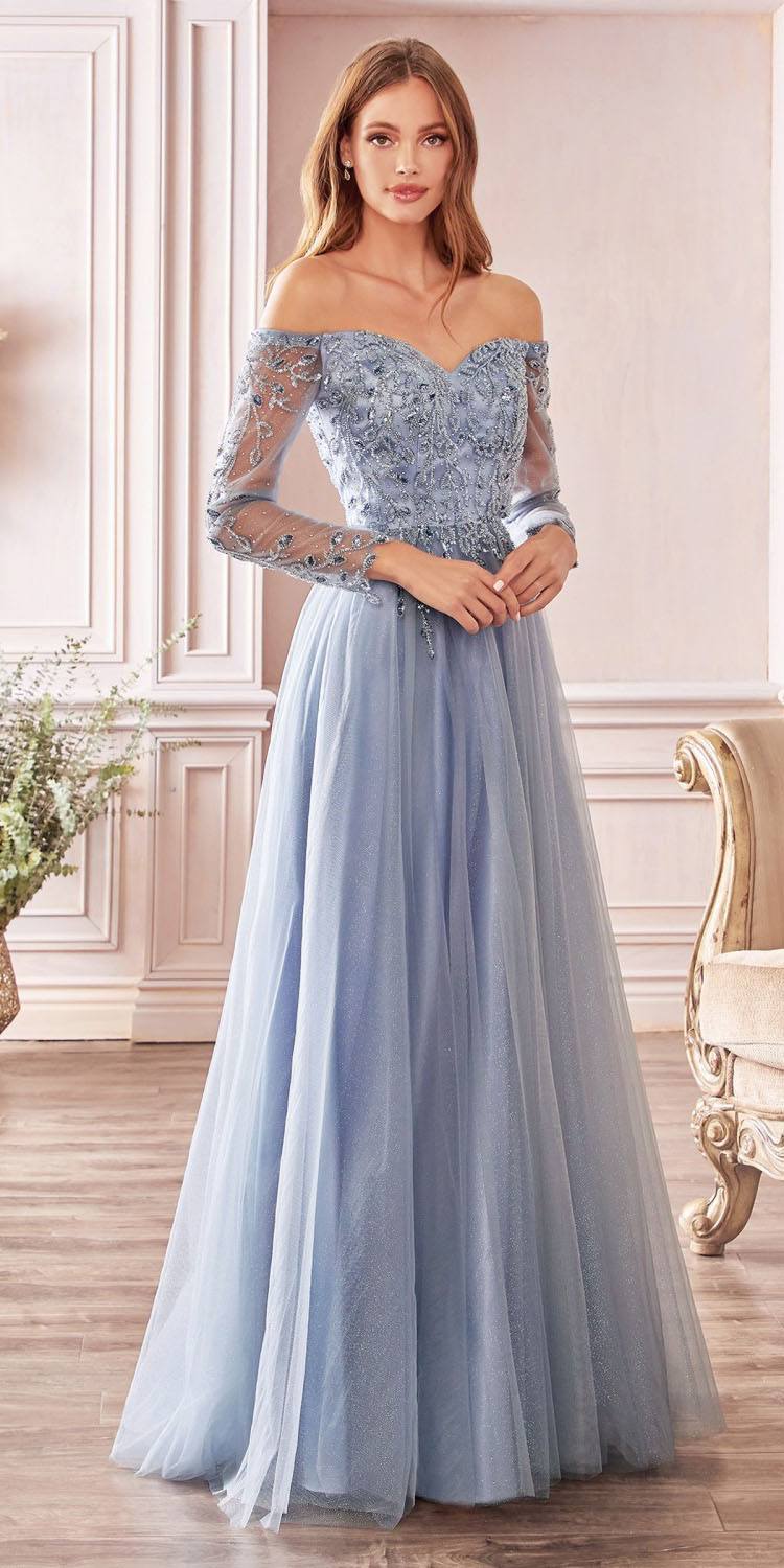 Cinderella Divine CD0172 A-Line Layered Tulle Gown Off The Shoulder Long Sleeve