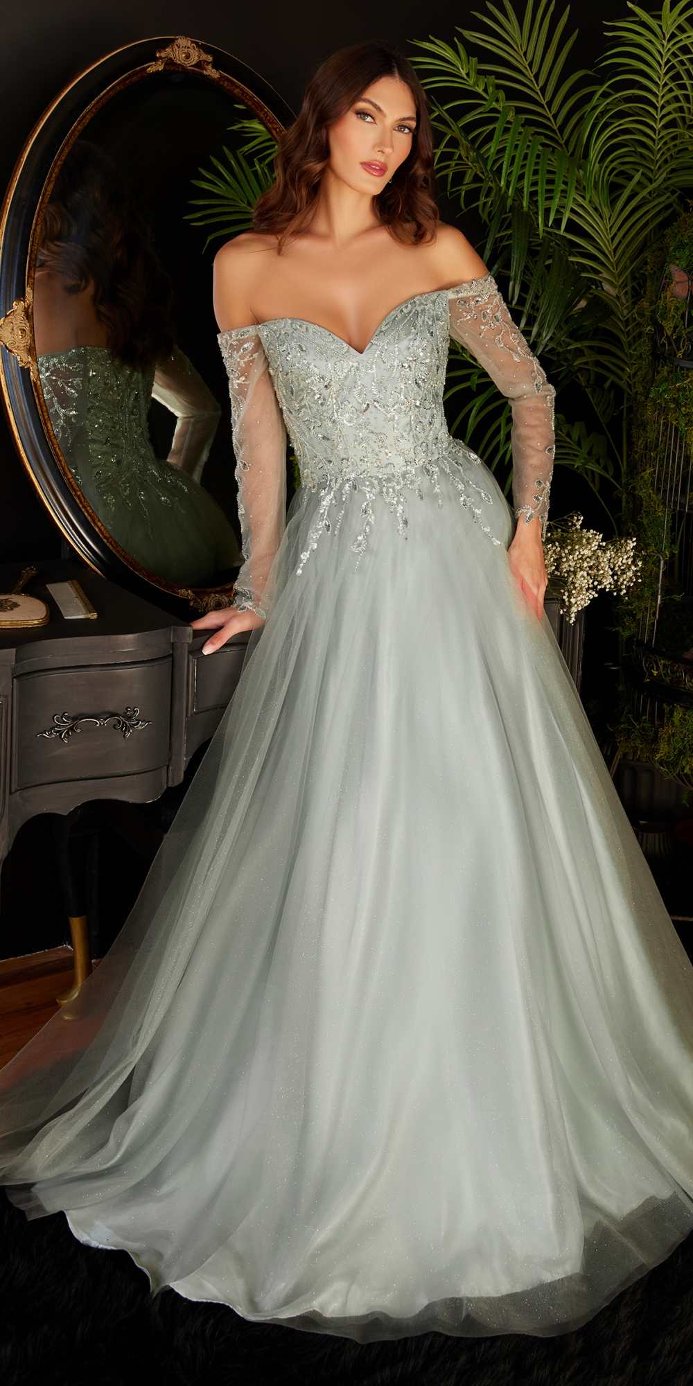 Cinderella Divine CD0172 A-Line Layered Tulle Gown Off The Shoulder Long Sleeve