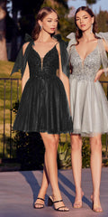 Cinderella Divine CD0174 Short A-Line Dress Lace Applique Tulle Ribbon