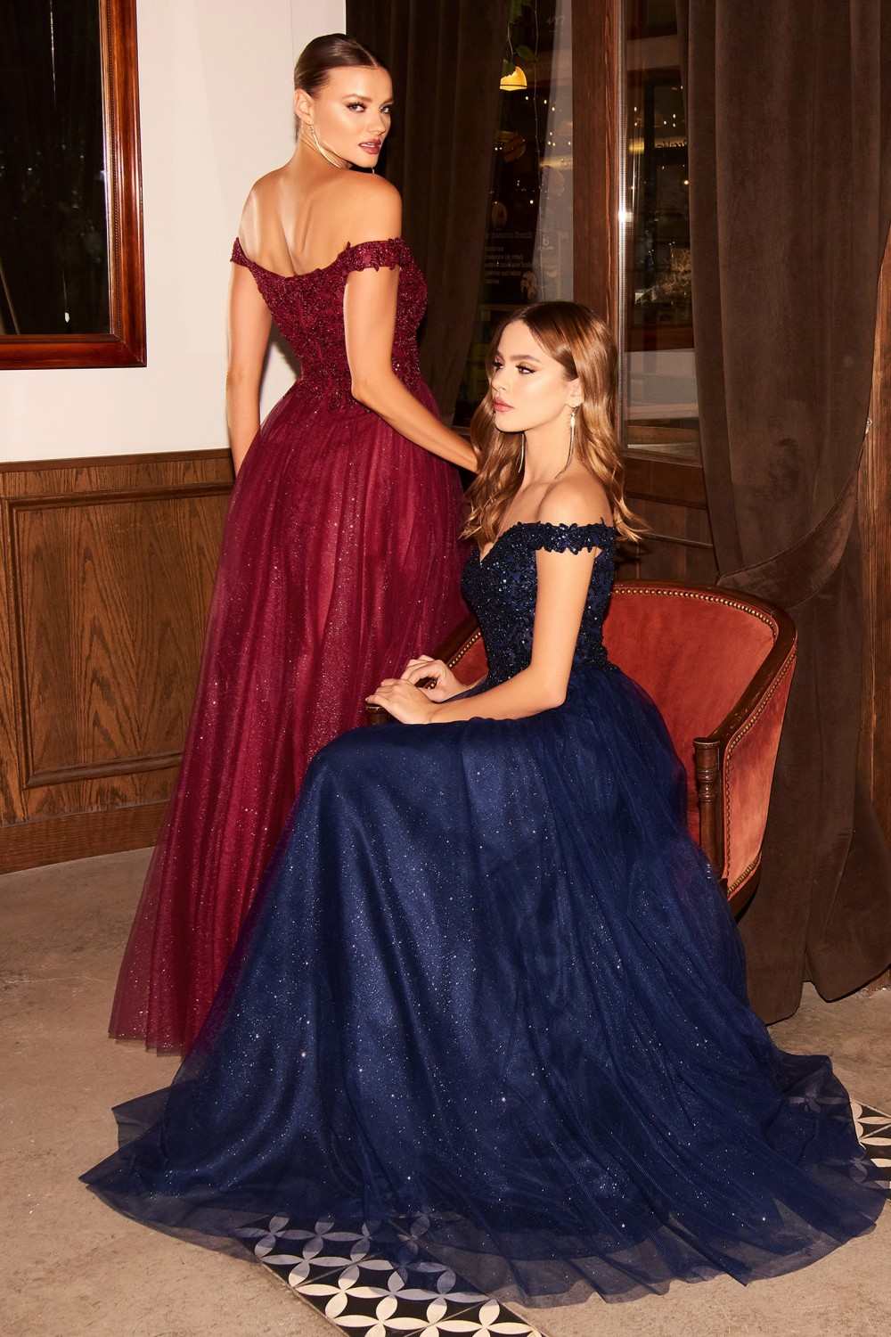 Cinderella Divine CD0177 Glitter Tulle A-Line Ball Gown Off the Shoulder