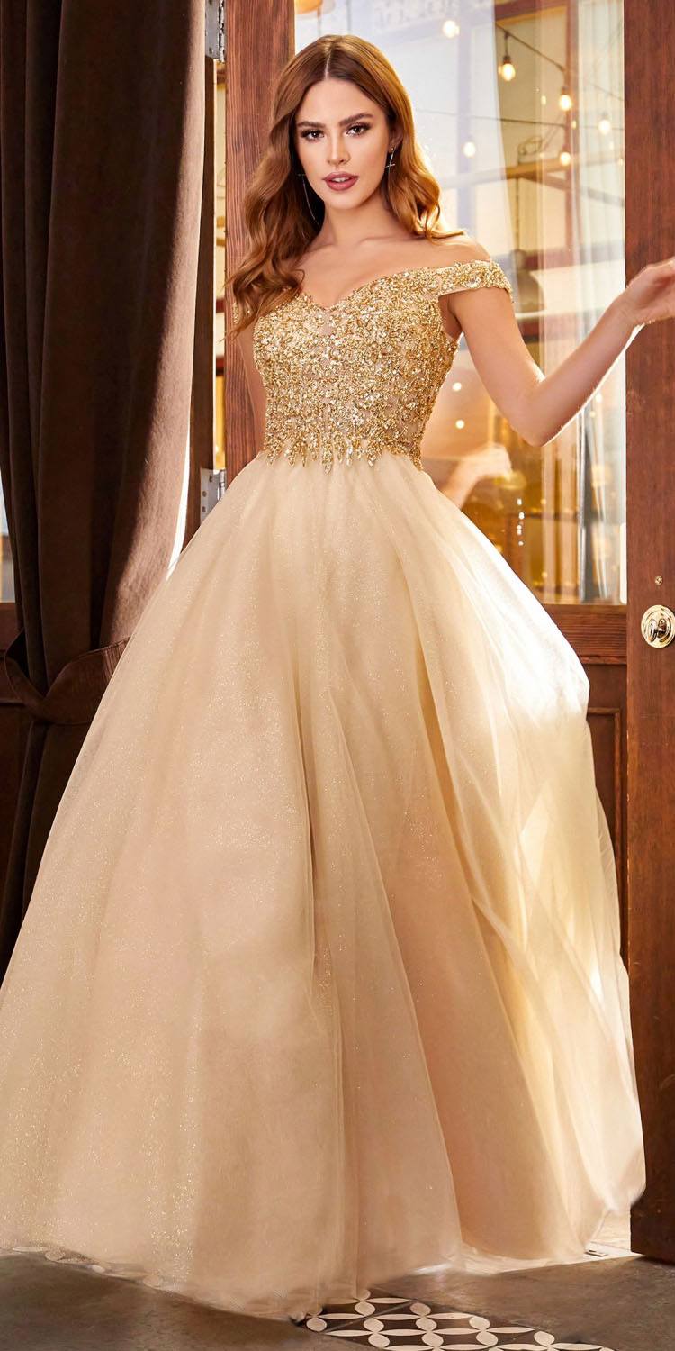 Cinderella Divine CD0177 Glitter Tulle A-Line Ball Gown Off the Shoulder