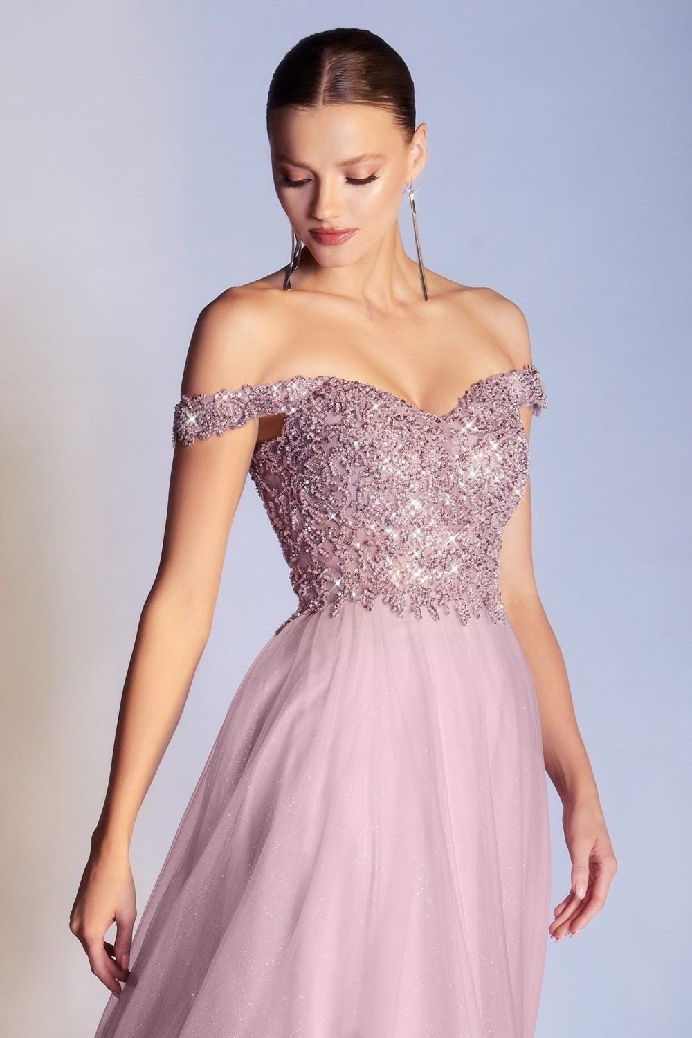 Cinderella Divine CD0177 Glitter Tulle A-Line Ball Gown Off the Shoulder