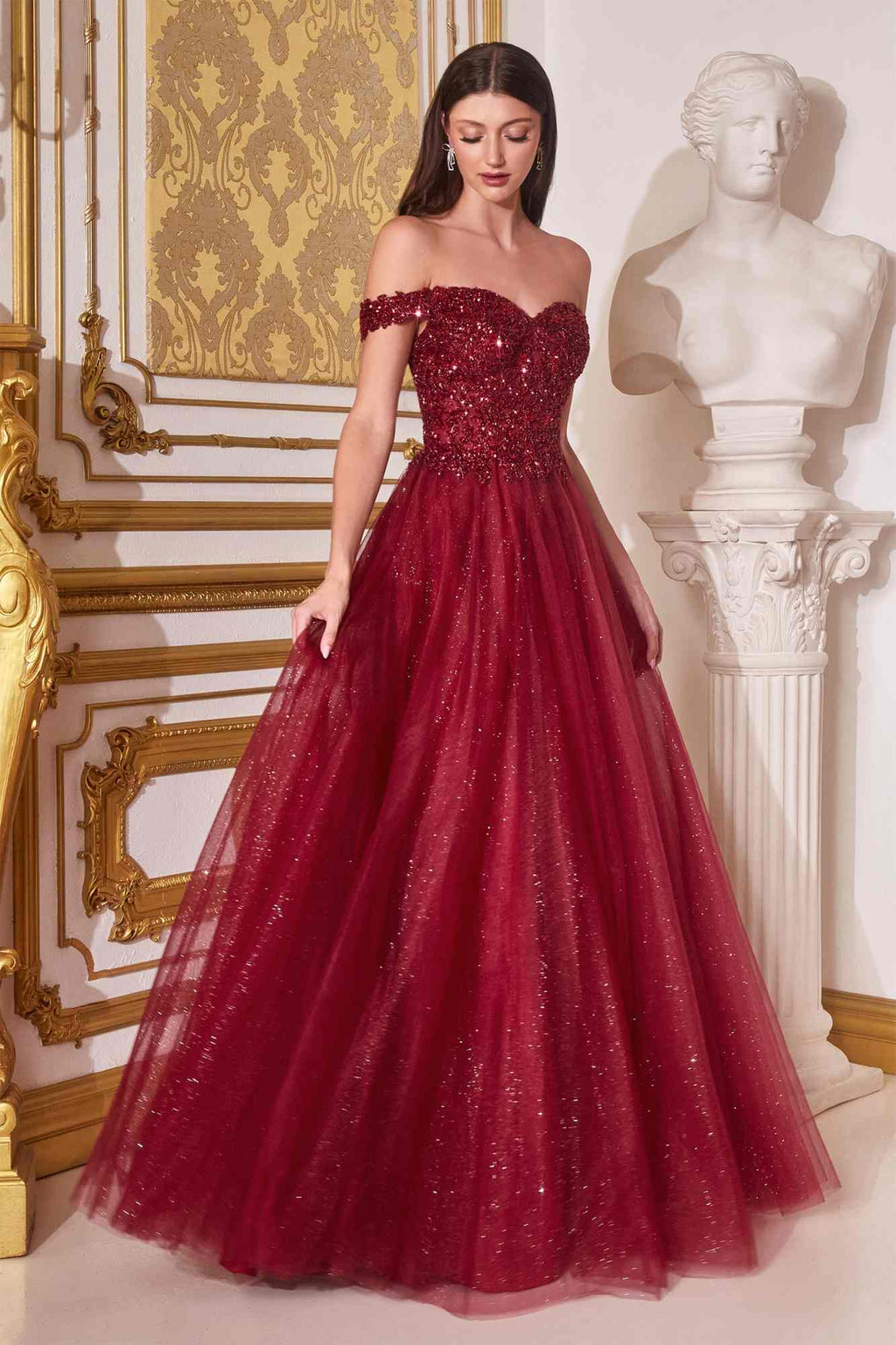 Cinderella Divine CD0177 Glitter Tulle A-Line Ball Gown Off the Shoulder
