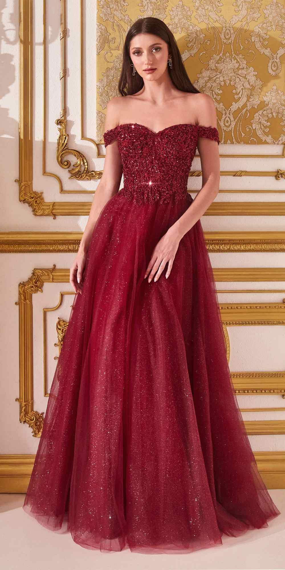 Cinderella Divine CD0177 Glitter Tulle A-Line Ball Gown Off the Shoulder