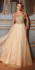Cinderella Divine CD0177 Glitter Tulle A-Line Ball Gown Off the Shoulder