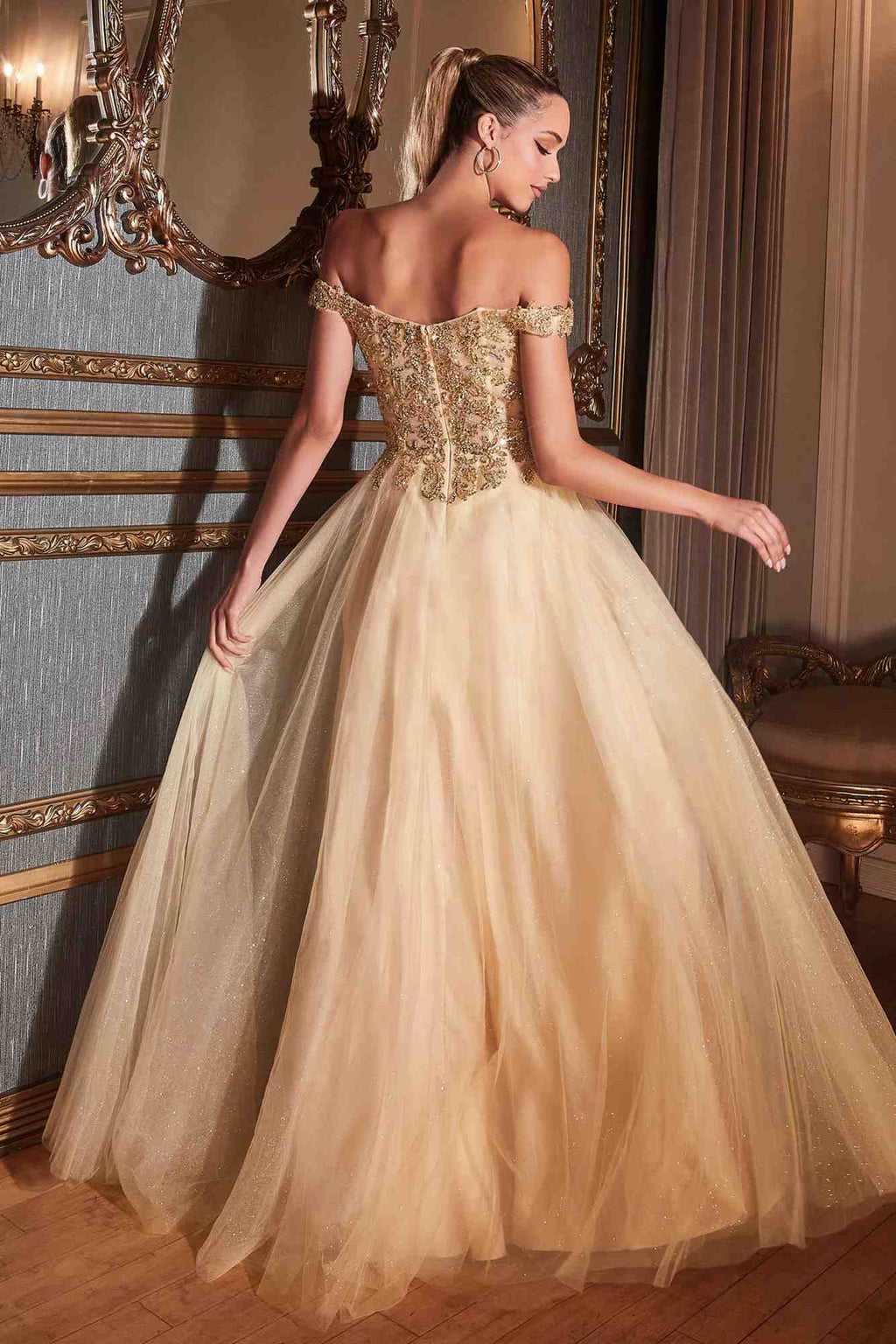 Cinderella Divine CD0177 Glitter Tulle A-Line Ball Gown Off the Shoulder
