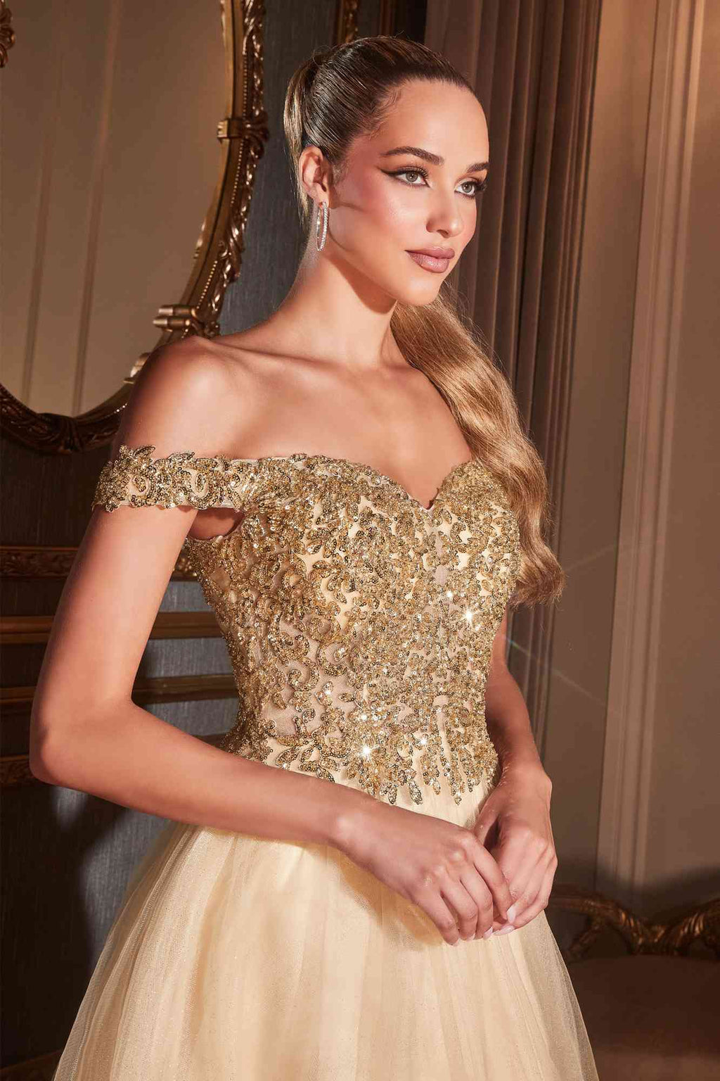 Cinderella Divine CD0177 Glitter Tulle A-Line Ball Gown Off the Shoulder
