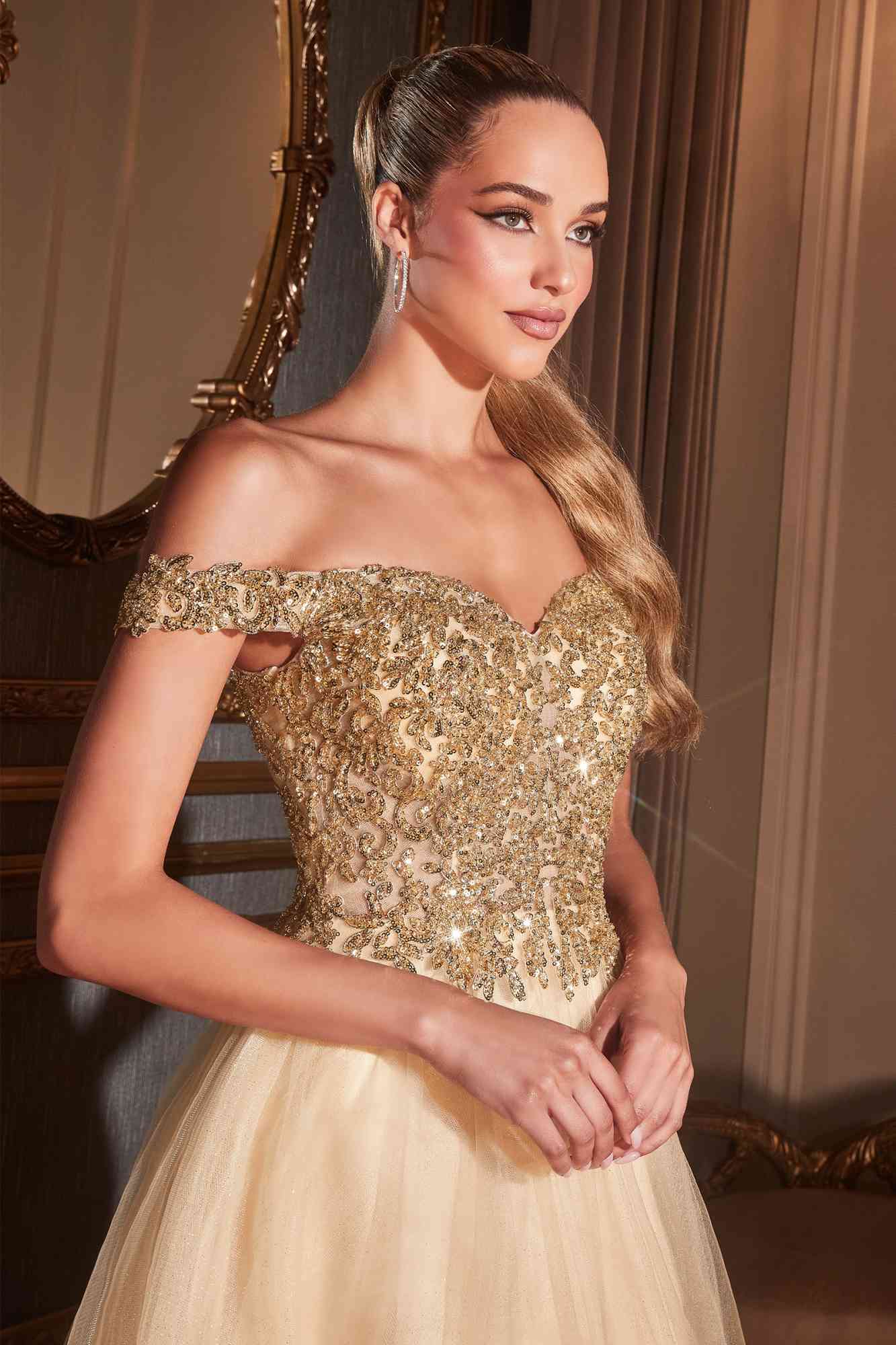 Cinderella Divine CD0177 Glitter Tulle A-Line Ball Gown Off the Shoulder