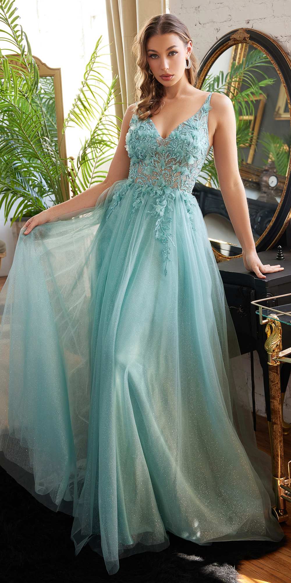 Cinderella Divine CD0181 Long Lace Floral A-Line Tulle/Lace Dress